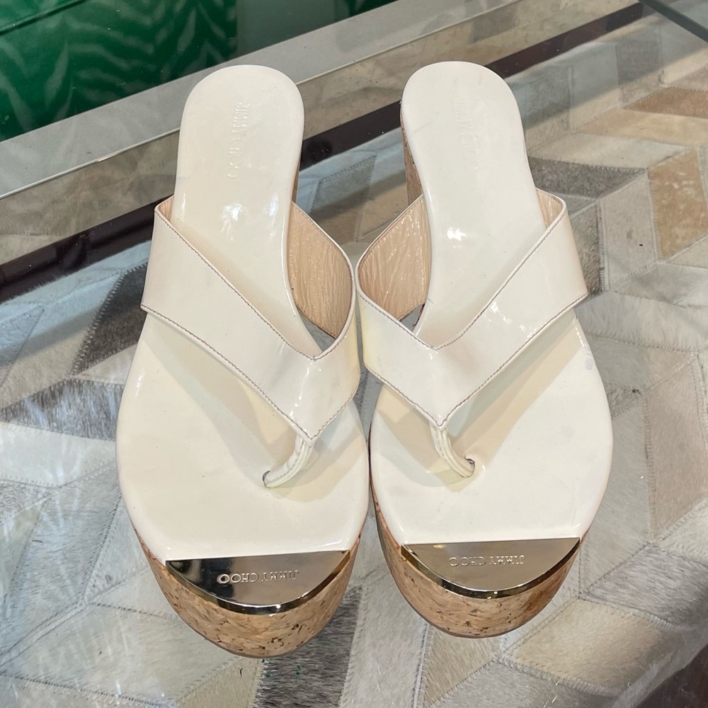 Jimmy Choo pathos patent leather, cork, sandal, white.